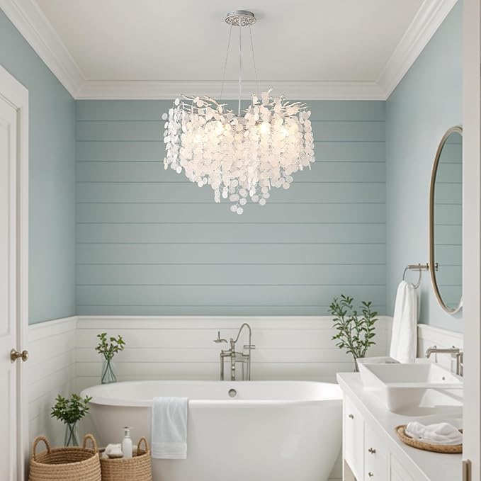 24-Inch Modern Coastal Chandelier, 8-Light Capiz Shell Chandelier for Dining Room, Silver Crystal Light Fixtures for Bedroom Living Room Foyer Kitchen Island Entryway Stairwell, E12