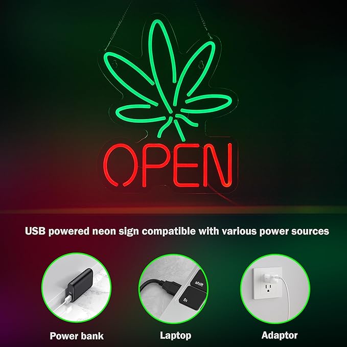 Marijuana Open Neon Sign for Wall Décor Hemp LED with Dimmable Switch Sign Man Cave Art Bars Beer Cannabis High Life Neon Signs Light