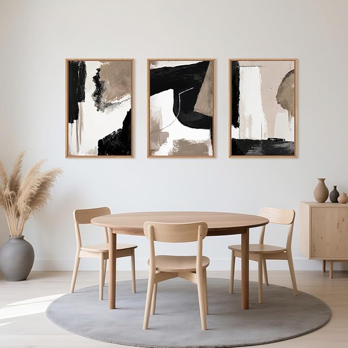 Large Modern Abstract Framed Canvas Wall Art Set, Neutral Black and Beige Color Block Wall Decor,Minimalist Pastel Tan Art Printing for Living Room,Bedroom,Office-16 x24 x3