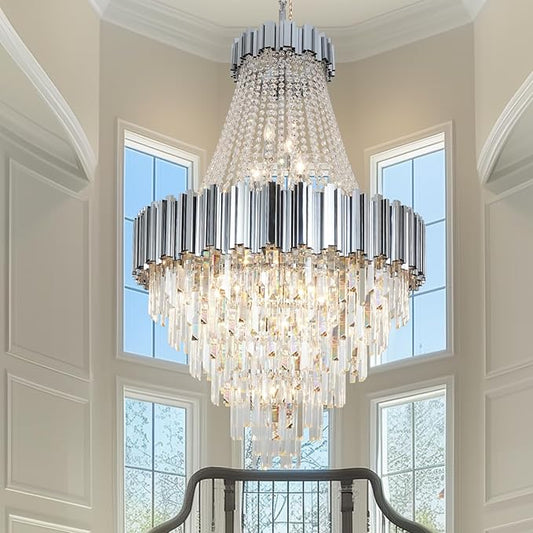 Large Crystal Chandelier for High Ceilings Foyer Entryway Hanging Chandelier Lighting Chrome 30'' Tall