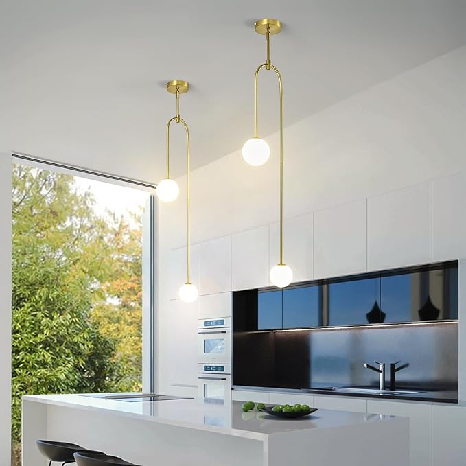 Modern Milk Glass Pendant Light 2 Light Mid Century Chandelier Small Glass Globe Gold Pendant Lights for Kitchen Island Bedroom Dining (Metal Tube Removable, 2 Pack)
