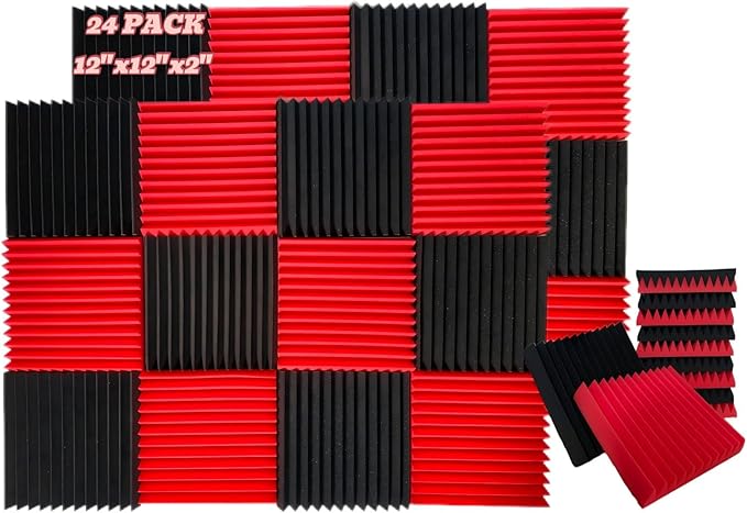 24 Pack, 12 x 12 x 2 inches, Acoustic panels, wall panels, sound panels, Used for soundproofing, Soundproof foam panels for walls(12 black+12 Red)