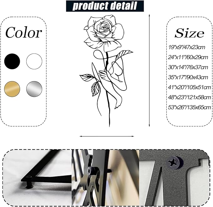 Metal Rose Wall Decor, Abstract Woman Metal Wall Art, Metal Minimalist Wall Art, Metal Line Art Wall Decor, Rose Wall Art, Floral Wall Art, Female Body Wall Art for Bathroom, Bedroom (Black, 53"x26"/135x65cm)