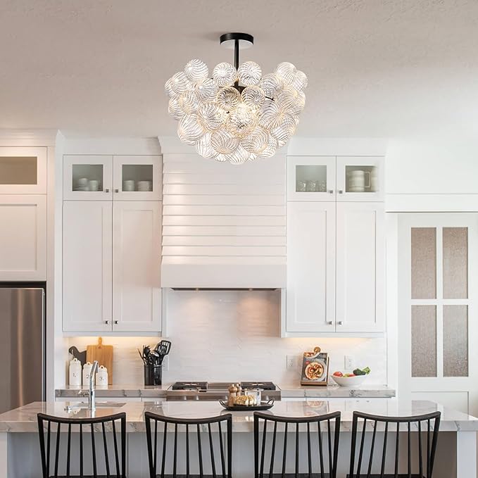 Bubble Ball Semi Flush Mount Ceiling Light Fixture,Dia 20 Inch Bubble Close to Ceiling Light Fixtures,Black Glass Crystal Semi Flush Light Fixture