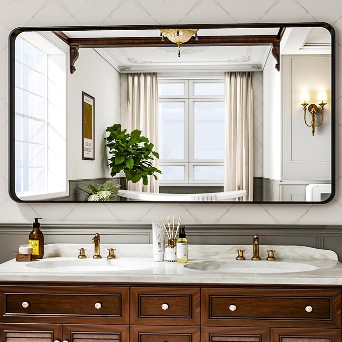 55"x 30" Black Bathroom Mirror - Aluminum Framed Wall Mirror, Bathroom Wall Mounted Vanity Mirror, Modern Bathroom Mirror, Bedroom, Living Room Wall Mirror, Hang Horizontally or Vertically