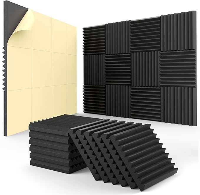 52 pack Acoustic Panels Self-Adhesive, 1" X 12" X 12" Quick-Recovery Sound Proof Foam Panels, Acoustic Foam Wedges High Density, Soundproof Wall Panels for Home Studio,black-01