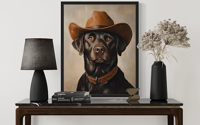 Labrador Retriever Cowboy Art Print Poster Wall Art, Western Country Farmhouse Wild West for Bedroom, Bathroom, Living Room Art Decor 58 (Labrador Retriever, 8 x 10 inches, Black Frame)