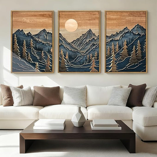 Anyzal Large Mountain Forest Wall Art Decor Framed Vintage Artwork Mid Century Modern Art Print for Living Room Bedroom Office 16x24 Inch Set of 3