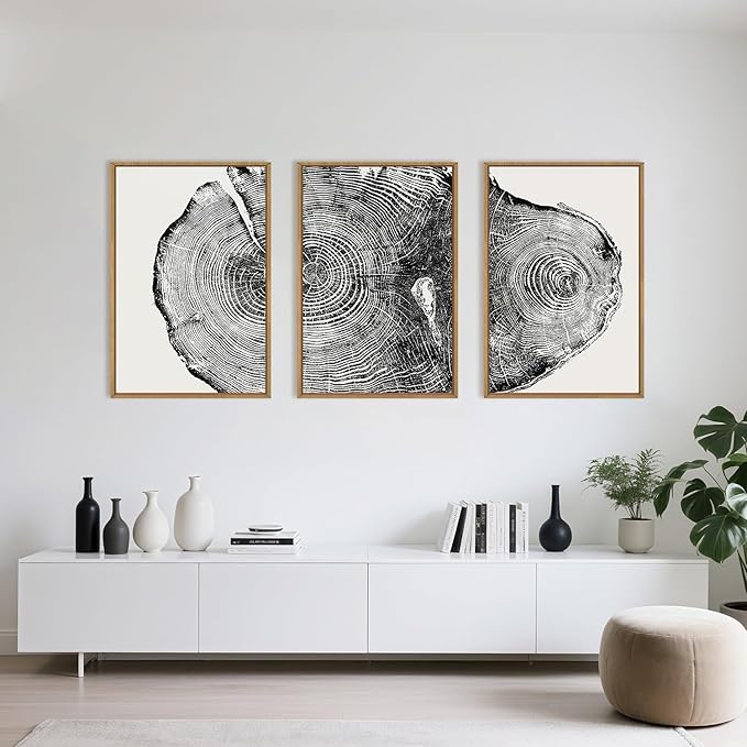 Large Vintage Tree Ring Framed Canvas Wall Art,Abstract Wood Stump Wall Decor,Neutral Annual Ring Artwork,Modern Black and White Art Print for Living Room,Bedroom,Office- 24"x36"x3