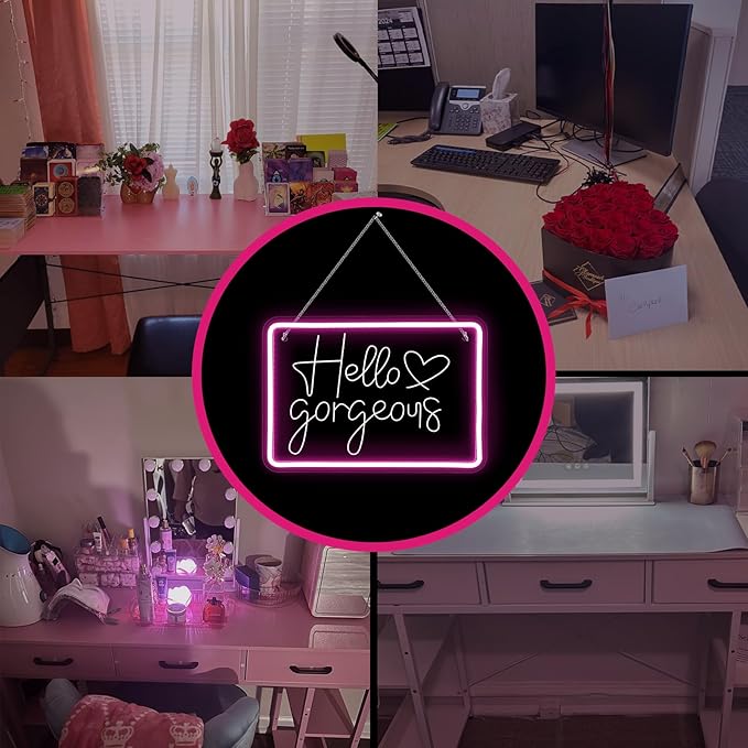 Lucunstar Hello Gorgeous Neon Sign,Led Sign,Pink Led Neon Light for Wall Decor,Neon Signs for Wall Decor,Light Sign for Wedding,Dimmable Switch USB with Neon Sign for Bedroom,Home Decor