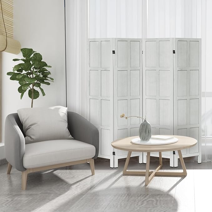 4 Panel Room Divider and Folding Privacy Screen, Classic 5.6Ft Wood Room Divider Wall, Partition Screen Divider for Room Separation for Home Office, Bedroom, Office, Dressing Room, White