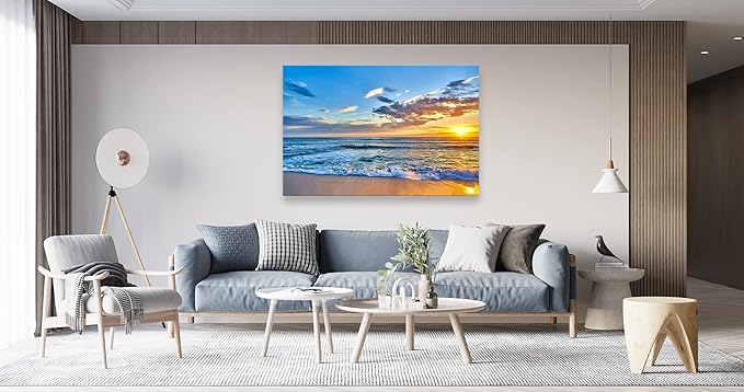 Aibonnly Wall Art Canvas Painting Seaside Sunset over the beaches 1 Piece blue sea view Ocean Picture Poster Print Framed and Stretched Ready to Hang for Living Room Bedroom Kitchen Office
