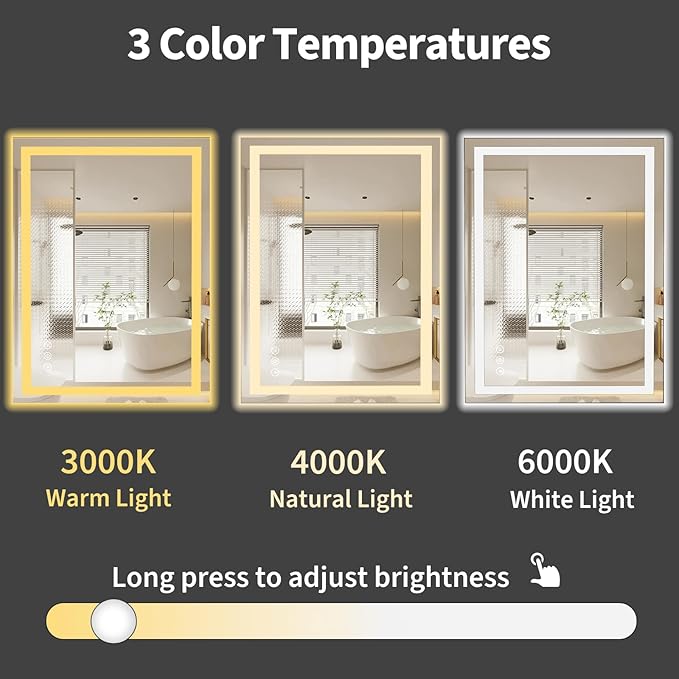 Koonmi 28"x20" LED Mirror for Bathroom, 90CRI Anti-Fog Vanity Mirror with Front and Backlight, Shatter-Proof Wall Mirror with Light, Easy Install Lighted Mirror for Modern Bathroom (IP65)