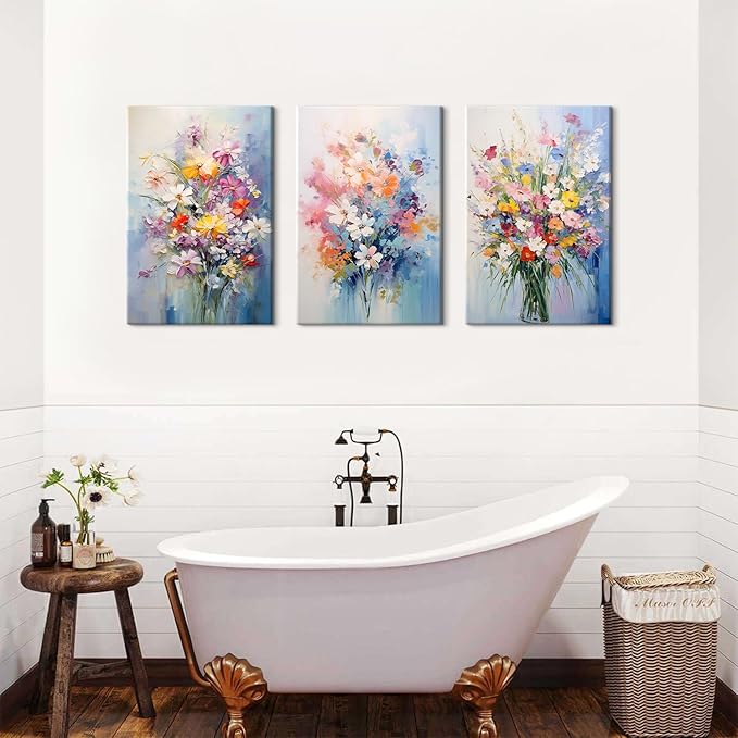 Colorful Flower Canvas Wall Art Daisy Poppy Wall Decor for Bedroom Living Room Abstract Floral Bouquet Pictures Prints Nature Wildflower Posters Modern Artwork Bathroom Home Decorations 24x36” 3 Piece