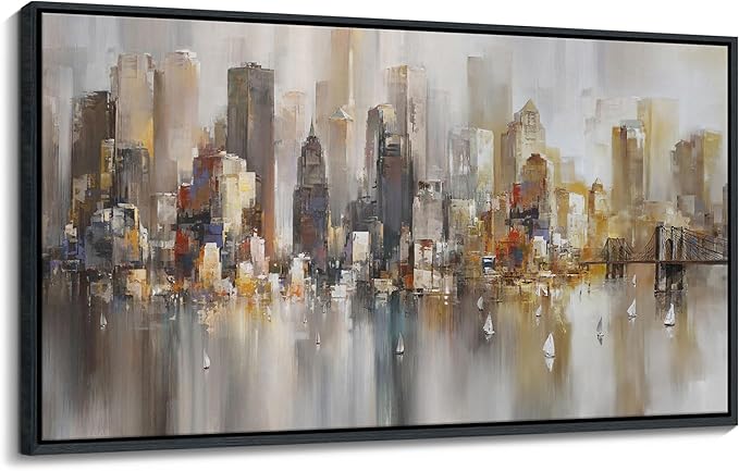 New York City Wall Art - Framed Modern Abstract Wall Art for Living Room, Office & Bedroom Cityscape & Paintings for Bedroom brooklyn bridge Pictures Wall Decor Chicago Artwork for Walls 29×58IN