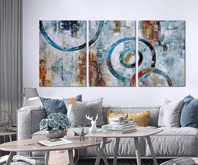 MAMAGO Canvas Wall Art - 3 Pieces Geometric Poster Prints Modern Circle Block Textured Painting Colorful Picture for Bathroom Office Decor Framed Easy to Hang - 20" W x 28" Hx3pcs