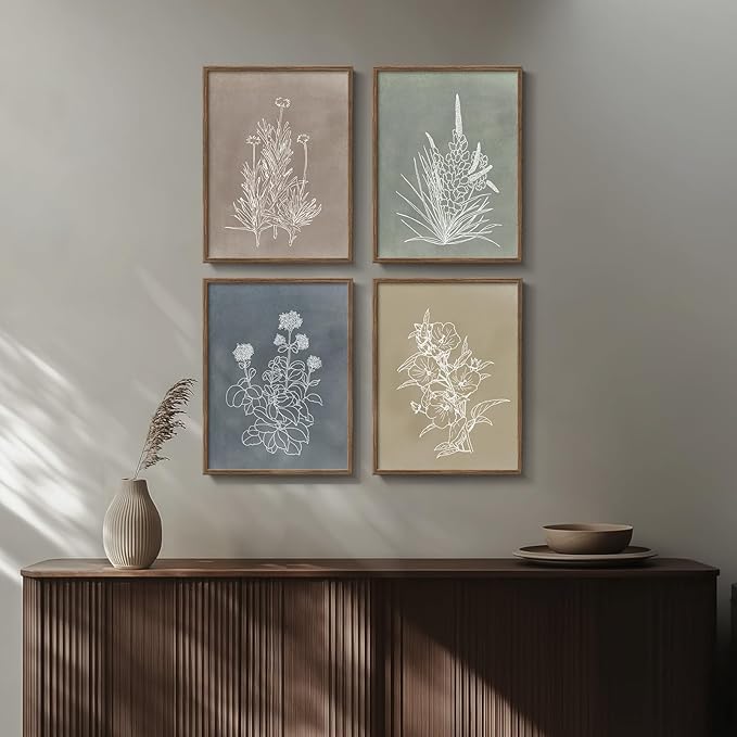 Boho Framed Botanical Wall Art for Bedroom, 4 Piece Vintage Neutral Floral Canvas Painting Prints for Modern Farmhouse, Minimalist Rustic Flower Pictures for Living Room Kitchen Dining Room Home Decor