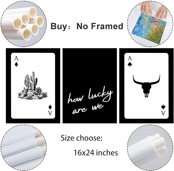3Pcs Black and White Western Wall Art Country Southwest Canvas Poster Vintage Poker Ace Picture Cactus Bull Skull and How Lucky We Are Painting for Bedroom Living Room 16x24in Unframed