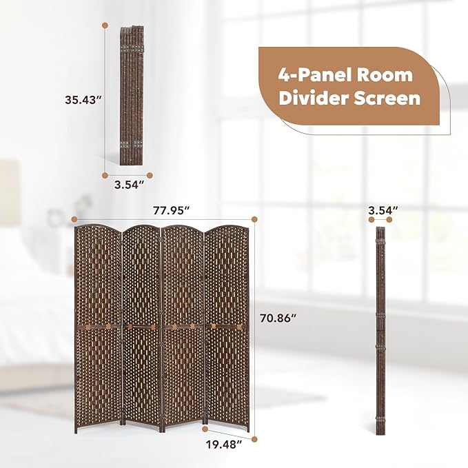 JOSTYLE Room Divider 6FT Folding Wall Divider for Room Separation Portable Privacy Screen Hand-Made Freestanding Room Partition Dividers, 2-in-1 Multifunction Room Divider Panel (Brown, 4 Panel)