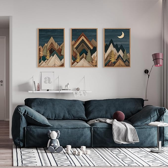 Mountain Woodcut Nature Framed Canvas Wall Art Set,Vintage Pine Tree Wall Decor, Country Wilderness Forest Wall Painting,Modern Navy blue Art Prints for Living Room,Bedroom,Farmhouse - 24"x36"x3