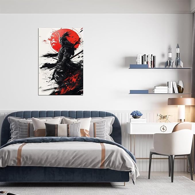 Japanese Samurai Wall Art Warrior Pictures Wall Decor Armored Samurai Painting Canvas Prints Bushido Poster Artwork Modern Home Decor Framed for Bedroom Living Room Office (18''W x 24''H)