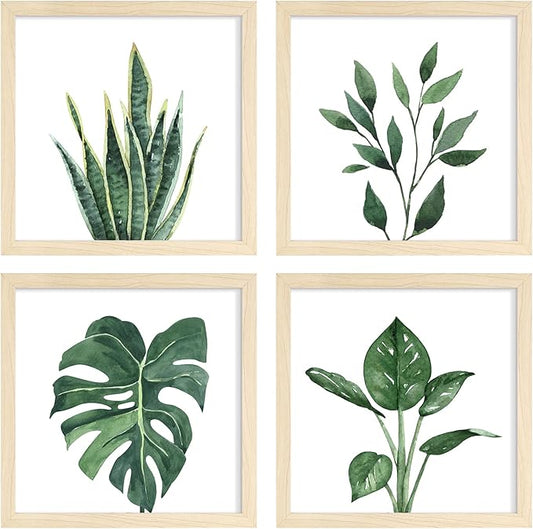 ArtbyHannah Framed Bathroom Wall Decor, 10x10 Inch Botanical Wall Art with Sage Green Plant Print for Wall Decoration, Minimalist Restroom Decor (Natural)
