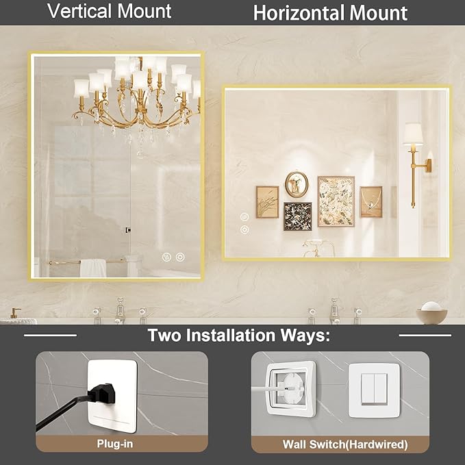 36x28 Inch LED Bathroom Mirror with Light,Gold Metal Frame Lighted Vanity Mirror, Anti Fog Design&Dimmable&Touch Switch