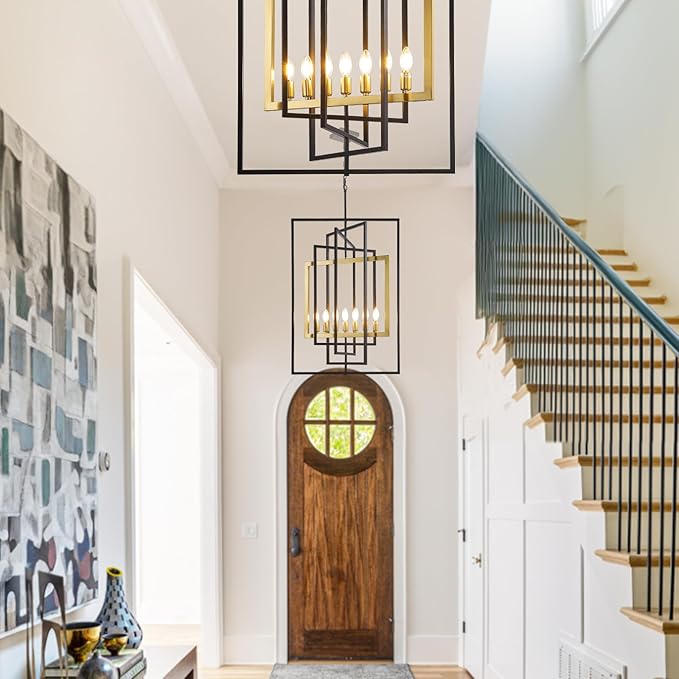 Black and Gold Chandelier, 7-Light Farmhouse Lantern Pendant Light Fixtures, Rustic Industrial Foyer Lighting Fixtures, Large Chandeliers for High Ceilings, for Kitchen Island, Staircase, Entryway