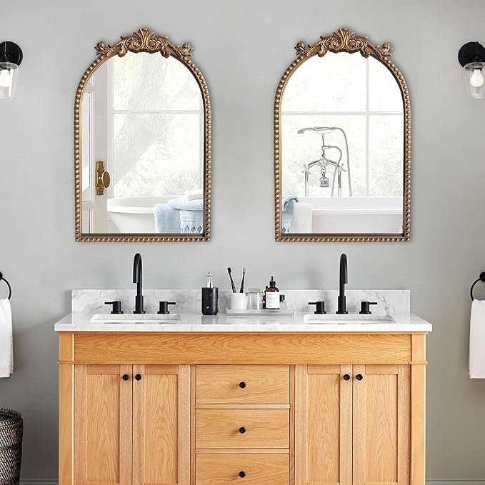 Arendahl Traditional Vintage Arch Mirror, 20" X 30" Baroque Ornate Accent Wall Mirrors Decorative Beaded Frame for Bathroom Sink, Entryway, Bedroom Vanity, Over Mantel Fireplace Wall Decor