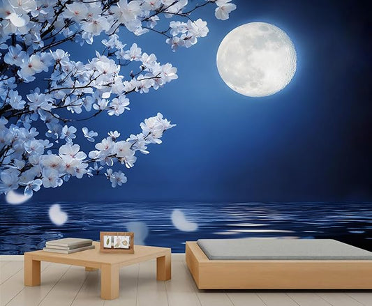 Japanese Mural Wallpaper, Japanese Cherry Blossoms Murals, Moon View Murals Wallpaper for Living Room Bedroom Home Decor Mural - 59" W x 39.23" H (Not Peel Stick)