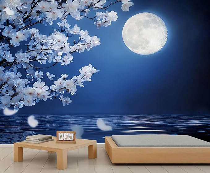 Japanese Mural Wallpaper, Japanese Cherry Blossoms Murals, Moon View Murals Wallpaper for Living Room Bedroom Home Decor Mural - 110" W x 98" H (Not Peel Stick)