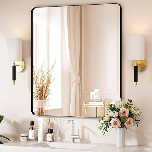 Black Bathroom Mirror 32X36 Inch Bathroom Vanity Mirror for Wall, Metal Frame Large Mirror, Tempered Glass, Modern Wall Mirror for Bathroom, Farmhouse, Horizontally or Vertically Hanging