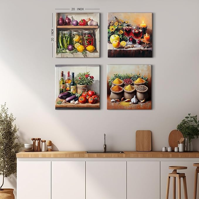 Kitchen Wall Decor Mason Jar Wall Art Spices Food Canvas Prints Kitchen Ingridients Picture Rustic Still Life Painting Vintage Healthy Vegetables Poster Artwork Dining Room Home Decoration 20x20" 4Pcs