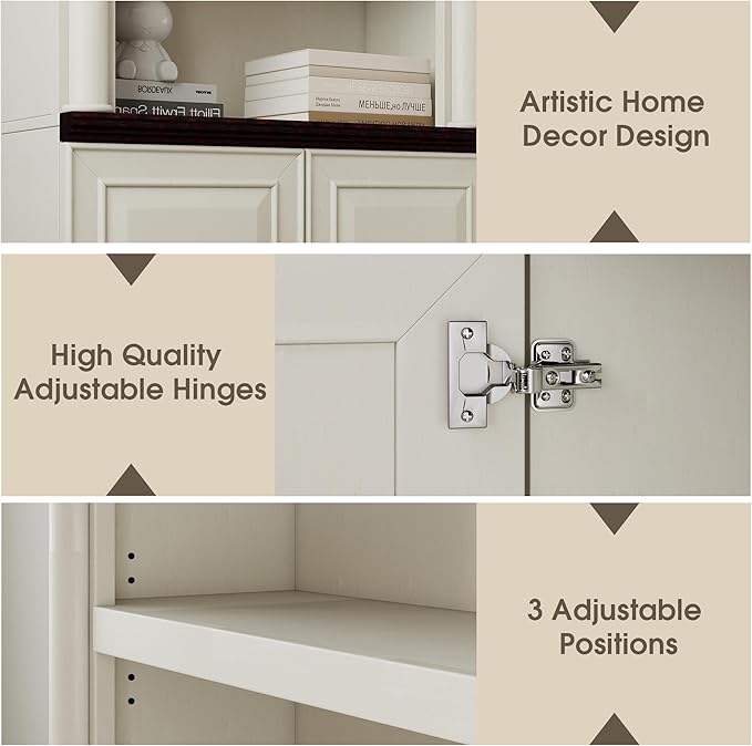 72" Roman Column Bookcase with Double Door Cabinet, 5 Tiers Tall Bookshelf Shelves Storage and Anti Tip Kit, Classic American European Modern Multi Style Design for Living Room Study Office, White