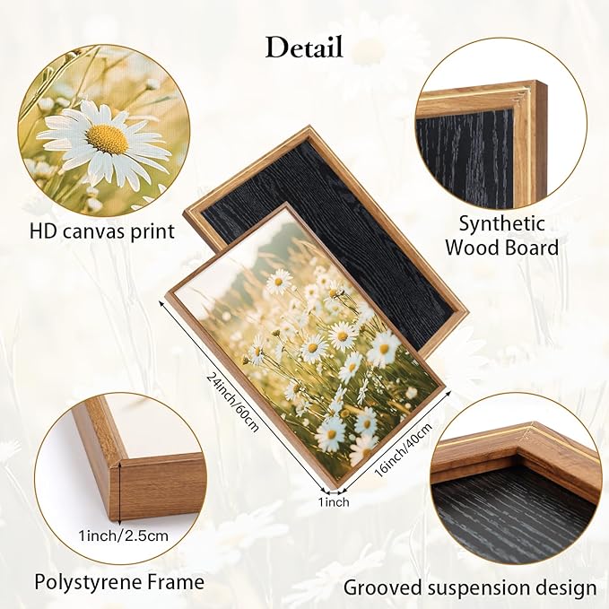 CHDITB Vintage Daisy Field Path Framed Canvas Wall Art Set, Nature Landscape Wall Decor, Nordic Wildflowers Wall Painting, Daisies Floral Art Prints for Living Room Bedroom Office-Size 16"x24"x3