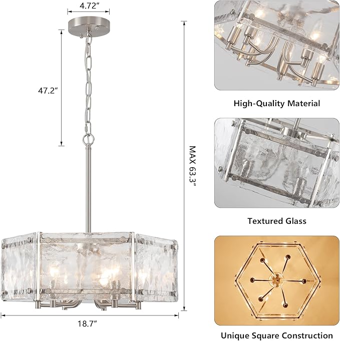 Modern Textured Glass Chandelier,18.7" Luxury Crystal Drum Brushed Nickel Chandeliers, Farmhouse Hexagon Hanging Light Fixture for Dining Room Kitchen Living Room Hallway Bedroom