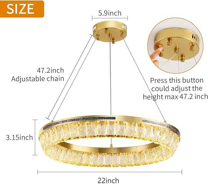 Modern LED Crystal Chandelier Brass Round Dimmable Gold Chandelier Light Fixture 3 Colors Pendant Ceiling Light for Dining Room Living Room Kitchen Island Entryway Foyer Bedroom Bathroom D22''