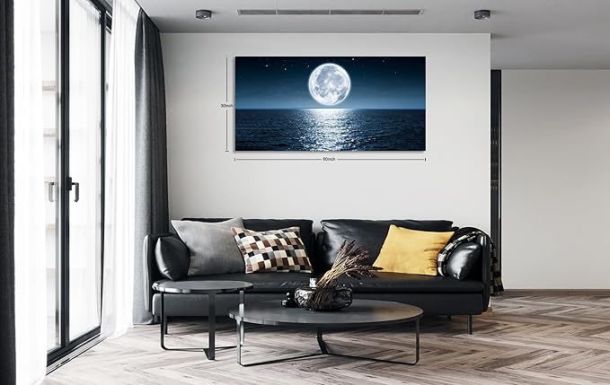 Aibonnly Wall Art Canvas Print Moon Sea Ocean Landscape 1 Panels Full moon Picture Painting Framed and Stretched Ready to Hang for Living Room Bedroom Office Home Decor Artwork 30x60inch