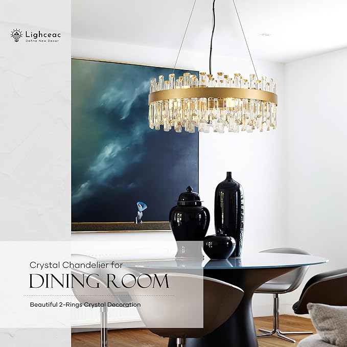 21.7" Gold Modern Crystal Chandelier Light Fixtures Luxury 2 Rings Crystal Chandeliers for Dining Room 12-Light Round Hanging Pendant Lighting for Living Room Kitchen Island Entryway Bedroom