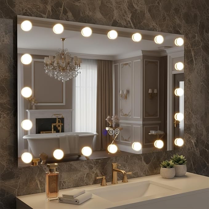 48x32 Lighted Bathroom Mirror, Hollywood Wall-Mounted Mirrors with LED Bulbs, 3 Color Temperatures and Step-Less Dimming, IP54 Enhanced Anti-Fog, Corrosion Proof, Touch Sense