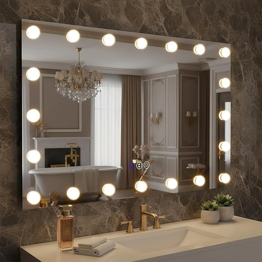 48x32 Lighted Bathroom Mirror, Hollywood Wall-Mounted Mirrors with LED Bulbs, 3 Color Temperatures and Step-Less Dimming, IP54 Enhanced Anti-Fog, Corrosion Proof, Touch Sense