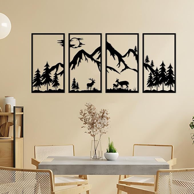 4 Pcs Mountain Scene Metal Wall Decor, Black Line Drawing Wall Art, Abstract Minimalist Rustic Nature Home Wall Art Sculpture for Garden Home Decor