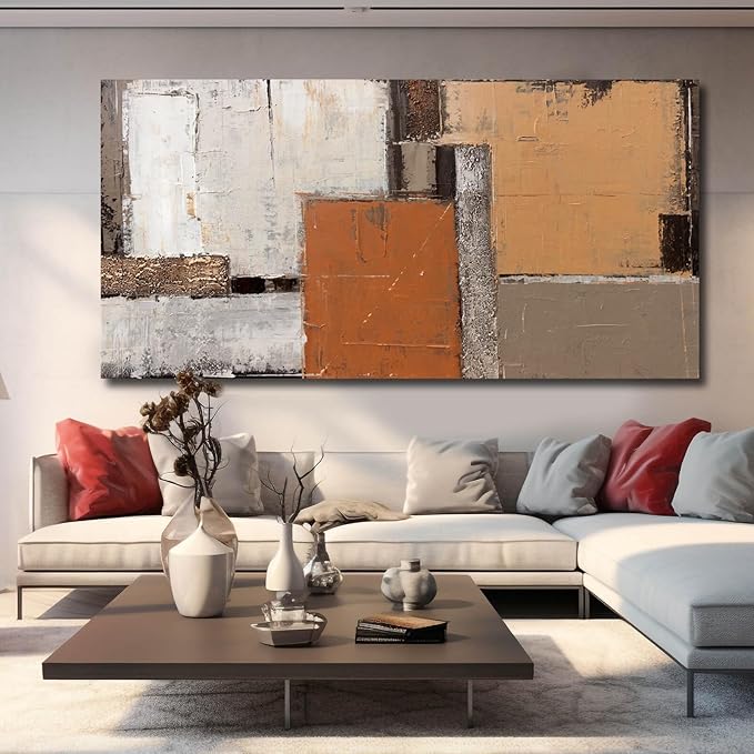 Orange Abstract Canvas Photo Prints Living Room White Artwork Brown Block Painting for Room 29"x 58" Office Wall Art Bedroom Hallway Decor