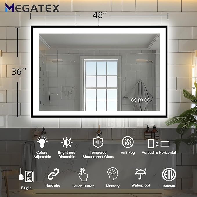 48x36 LED Bathroom Mirror, Modern Rectanglar Matte Black Frame, 3 Colors Changeable, Front and Backlit, Makeup Vanity Mirror with Lights, Anti-Fog, Shatter-Proof, Memory (Horizontal/Vertical)