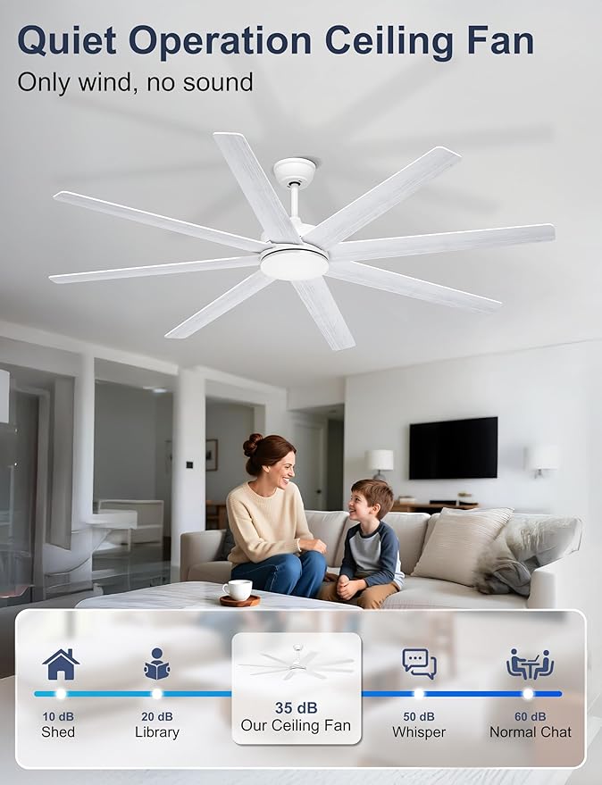 72 Inch Large Ceiling Fans Without Lights, 8 Blades White Ceiling Fan Remote/APP Control, Reversible Big Ceiling Fan for Shop Garage Living Rooms