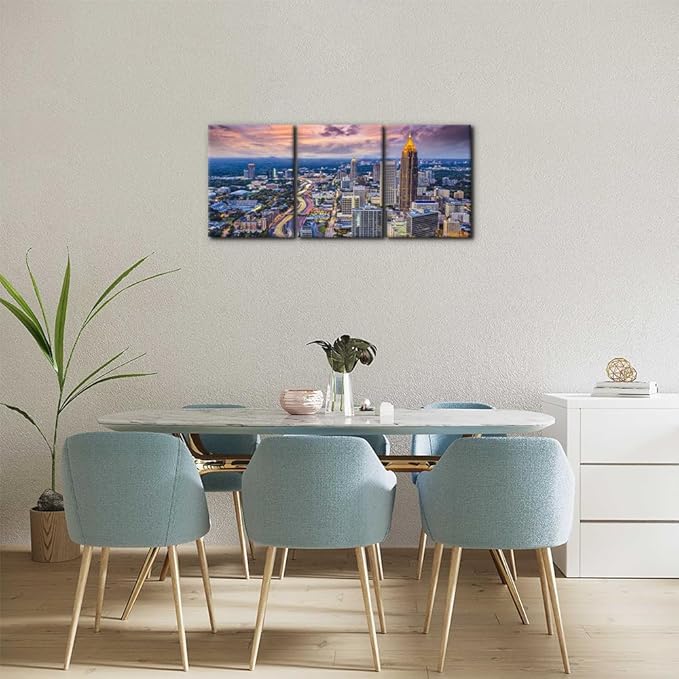 Pacimo Atlanta Cityscape Wall Art Painting Georgia City Skyline Pictures Print on Canvas for Home Decoration Downtown Skyscrapers Painting Stretched and Framed Ready to Hang - 12"x16"x3 Panels
