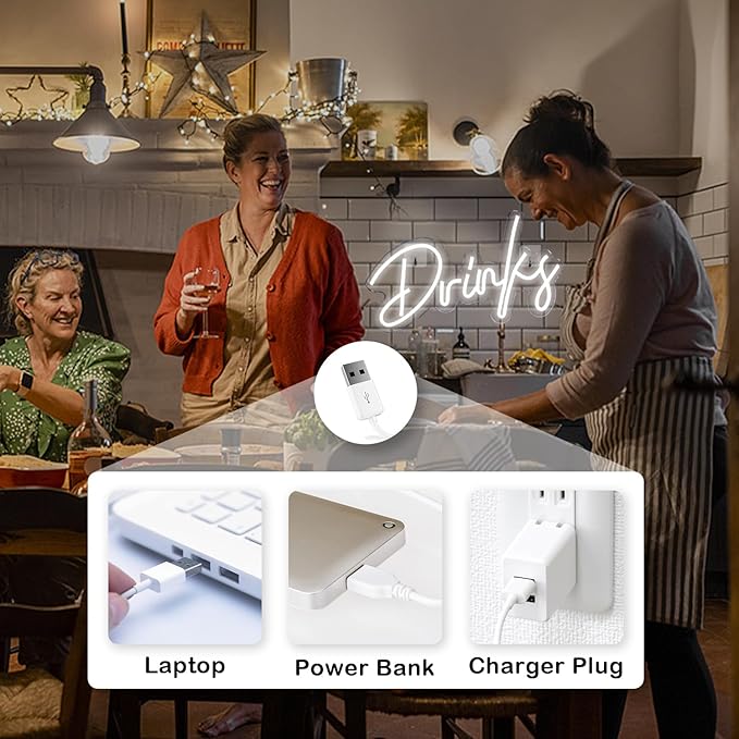 Looklight Drinks Neon Sign,Bar Neon Sign,Neon Signs for Wall Decor,Neon Sign For Room,White Neon Light Sign Led Neon Bar Signs USB Connectivity Light Up Wall Decor for Teen Room Bedroom Bar Store