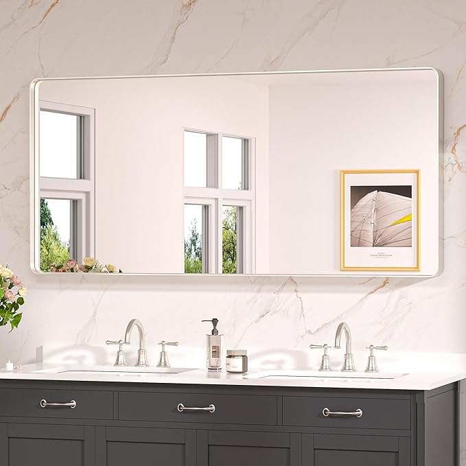 Keonjinn 60 x 28 Inch Brushed Nickel Bathroom Mirrors for Over Sink, Rounded Rectangle Silver Bathroom Vanity Mirror, Farmhouse Mirror for Wall, HD Tempered Glass, Anti-Rust Aluminum Alloy Mirror