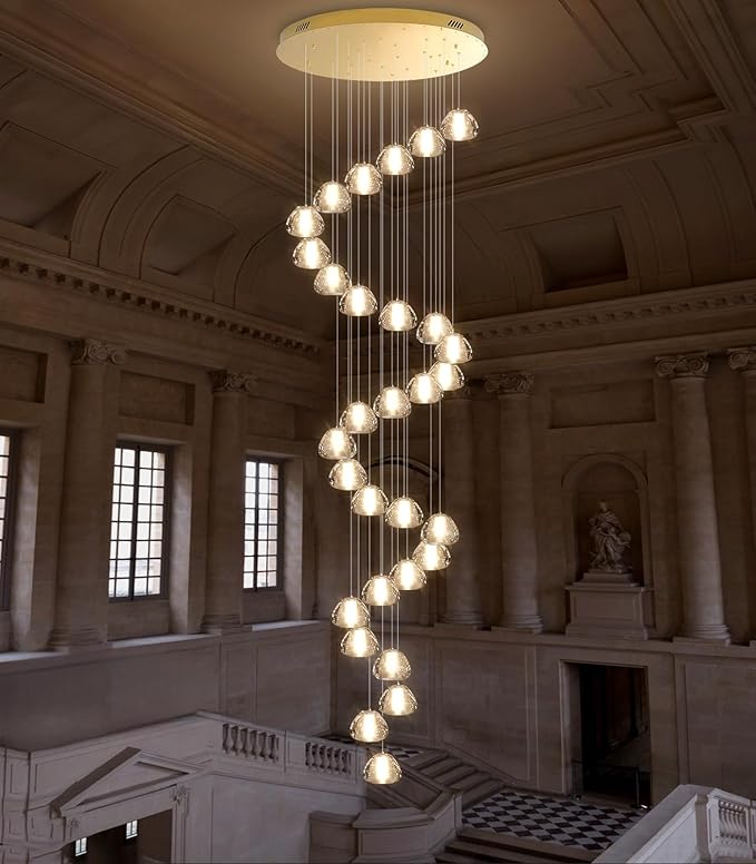 30-Lights Modern Chandeliers for High Ceiling Large Crystal Chandeliers LED Long Handing Light Fixture for Entrance Hallway Foyer Staircase 3000K