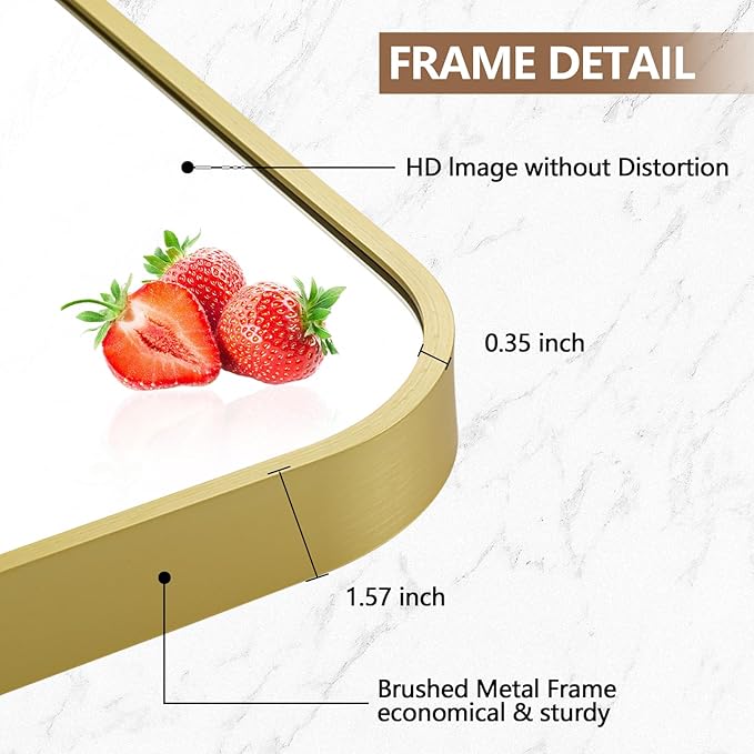 22x30 Inch Gold Mirror, Framed Rectangle Mirror with Rounded Corner, Brushed Brass Mirror, Gold Bathroom Mirror for Over Sink, Vanity, Living Room, Bedroom, Horizontal/Vertical